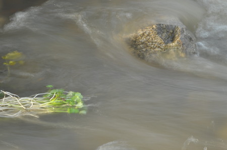 River flooding fast current stone. The boulder submerged in water.