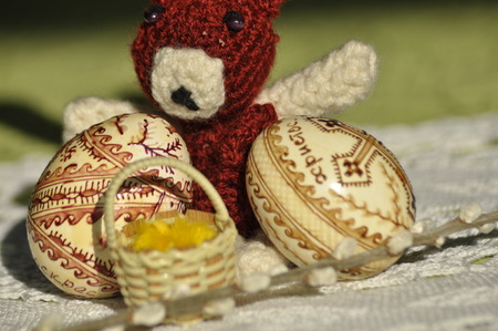 Easter. Symbols of Christmas. Rabbit, chicken and eggs. Willow twig.の写真素材