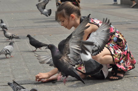 A young girl sits on the ground, happily feeding pigeons in a lively city square. Birds gather around her, creating a joyful scene during a bright afternoon.の写真素材