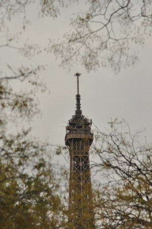 The famous Eiffel Tower stands tall above leafless trees in Paris on a cloudy afternoon, showing its...