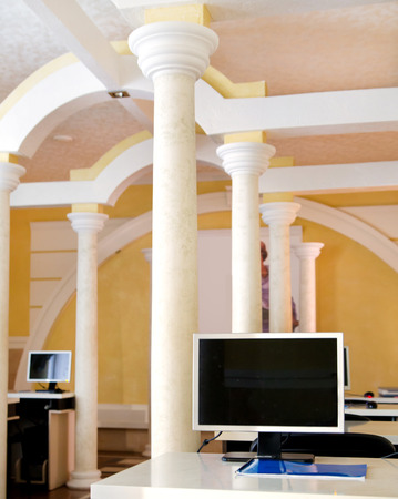 luxury column decor room with square tile and personal computersのeditorial素材