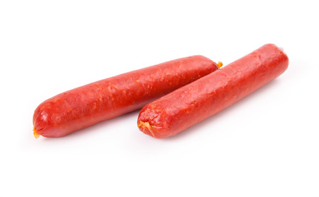 Smoked sausages isolated on white backgroundの写真素材