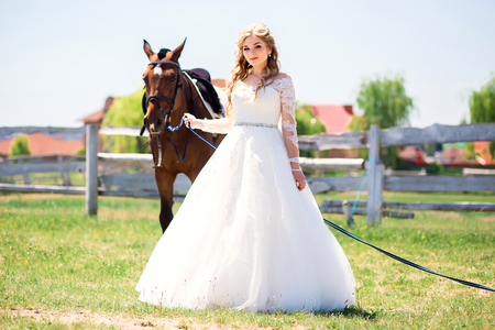 portrait of a beautiful bride and horseの写真素材