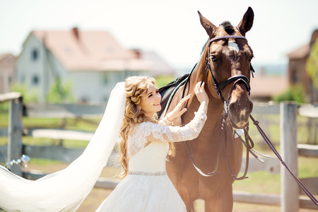 portrait of a beautiful bride and horseの写真素材