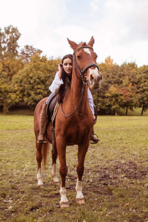 Young brunette woman with long hair posing with a brown red horse in a forest in a sunny meadowの写真素材
