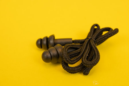 Silicone ear plugs for human ears on yellow backgroundの写真素材