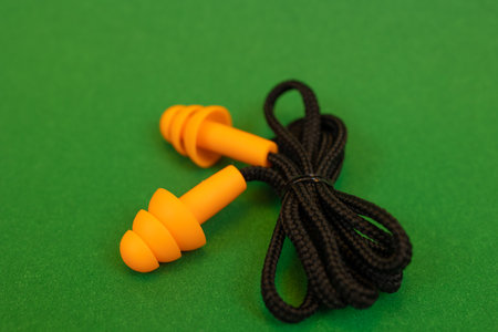 Silicone reusable ear plugs for human ears on green backgroundの写真素材