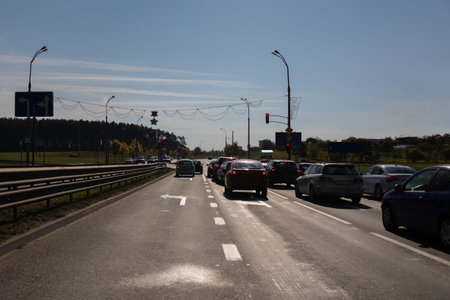 Highway wide road, transport and blue sky with clouds on a summer day