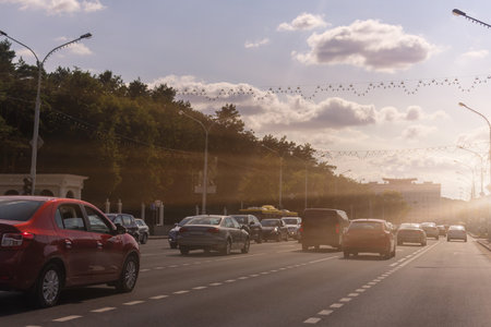 Highway wide road, transport and blue sky with clouds on a summer dayの写真素材