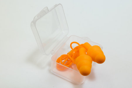 Silicone ear plugs for human ears on white backgroundの写真素材