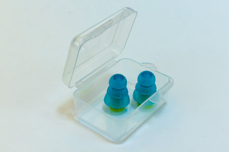 Silicone ear plugs for human ears on white backgroundの写真素材