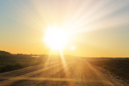 View of the road with cars. Orange evening sun and reflections on cars.