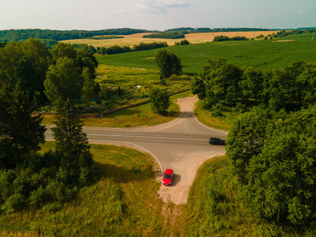 Top view of the roads, landscape and roadside from the height of a flying drone.