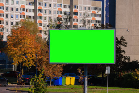 Background for design, green rear billboards on city streets and along roadsの写真素材