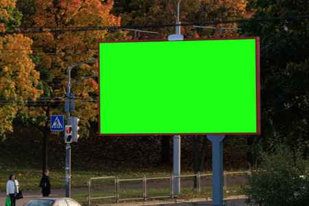 Background for design, green rear billboards on city streets and along roadsの写真素材
