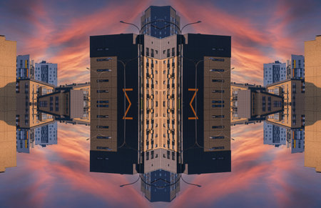 Abstract pattern, multi-colored kaleidoscope from photos modern buildings and housesの写真素材