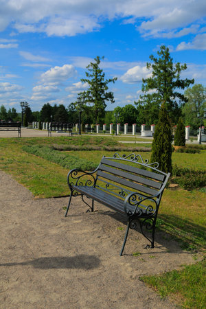Wooden benches and chaise lounges for rest on the streets of the city and in the park, public placesの写真素材