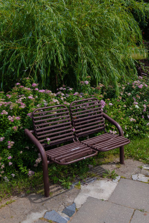 Wooden benches and chaise lounges for rest on the streets of the city and in the park, public places