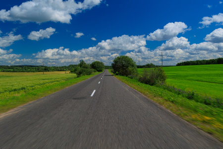 Road view on a summer day. Highways, roadside and white road line markings.