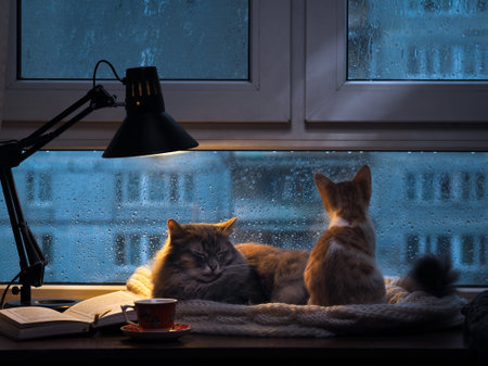 Cats in the window. Outside, rain, water drops on the glass. Twilight shines a desk lamp. It should...