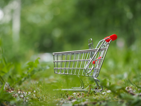 Grocery supermarket trolley in the grass. Concept - eco-friendly products, supermarket or Internetの写真素材