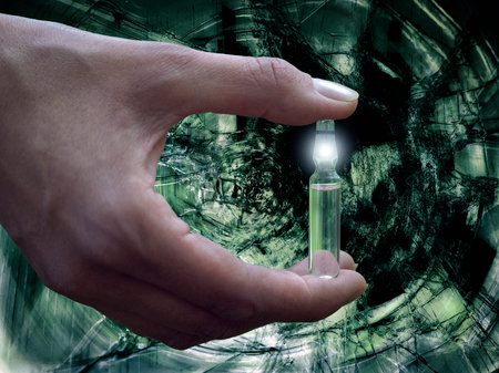 Female hand holding a vial of medicine. Background volume, gloomy tunnel, motion, speed. The concept...