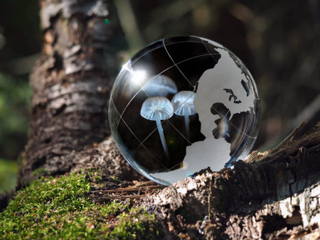 Transparent ball and flip it-blue mushrooms toadstools. Sphere in the woods on moss. The concept of...