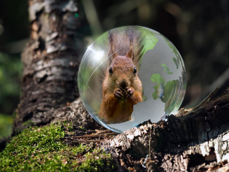 Ball Sphere in the woods on moss. Reflection - animal protein. The concept of animal welfare, the...