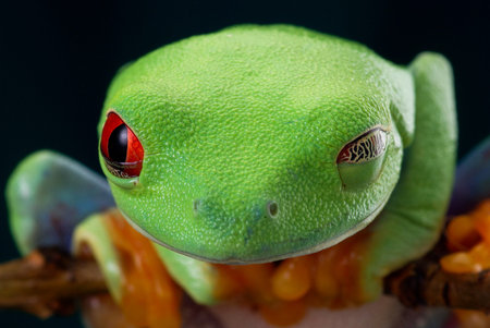 The red-eyed tree frog. Portrait of a winking frog. Red eyes. Beautiful green and blue colors....