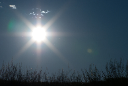 The unusual landscape. The sun's rays, dark, grass, skyの写真素材