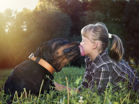 Huge dog licks a baby's face. Rottweiler and little girl on green grassの写真素材
