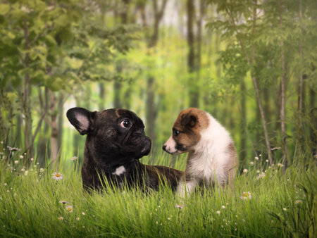 Funny dog and puppy in the woods in the grass