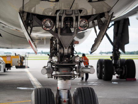 Chassis and headlights of a large white aircraft. Behind the chassis is seen an employee of the...