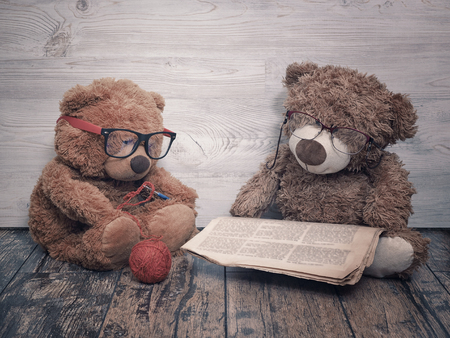 Two toy bears reading and crochet. As an old grandma and grandpa. The concept of old age, family old couple togetherの写真素材