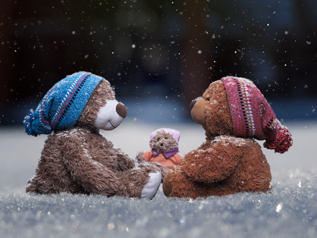 Toys Teddy bears sitting under falling snow. The concept of family, parents and child togetherの写真素材