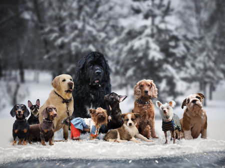 Many different breeds of dogs under the snowの写真素材