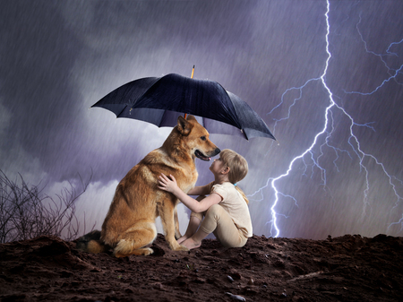 Child and dog under an umbrella. Weather, hurricane, lightning shining. Concept protection, reliable friend, peace of mindの写真素材