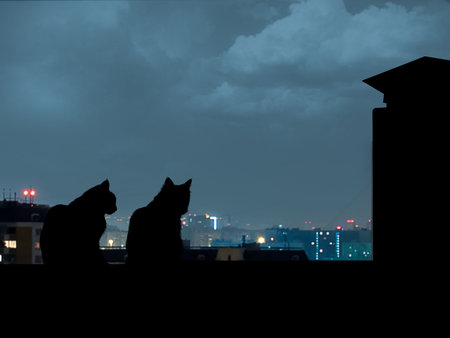 Silhouettes of cats on the roof. Night city awayの写真素材