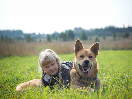 Emotional portrait of a dog and a childの写真素材