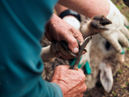 Clearing the hooves of sheep, goats. Farmer's hands with a sharp knife