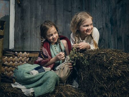The village children. Girls share secrets in the hayloftの写真素材