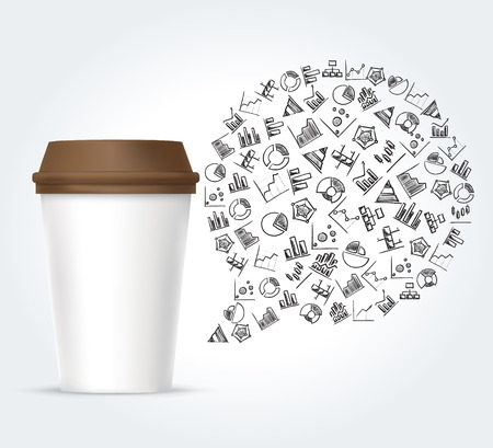 White paper coffee cup with bubble thought composed of hand drawn diagram icons のイラスト素材