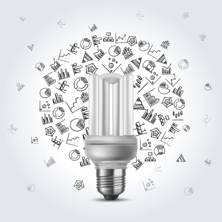 Energy saving electric bulb on grey a background with hand drawn diagram icons.  のイラスト素材