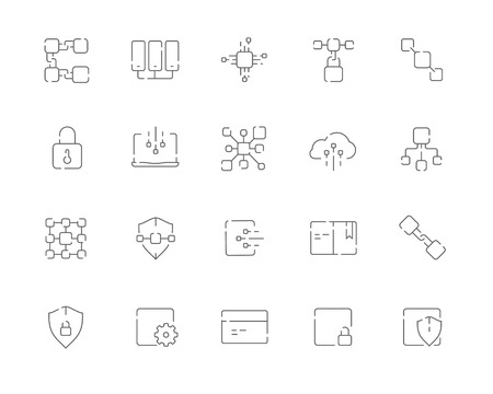 Simple set of Blockchain related vector line web icons. Contains such Icons as Blockchain, Block, Transaction, Ledger, Distribution and more. Editable Stroke. 48x48 Pixel Perfect.のイラスト素材