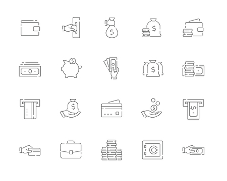 Simple set of Money vector line web icons. Contains such Icons as Cash, Wallet, ATM, Hand with a Coin and more. Editable Stroke. 48x48 Pixel Perfect.のイラスト素材