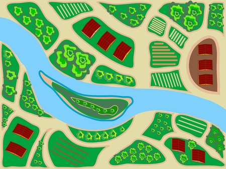 a stylized map of the area top view river field greens house trees. Abstract the area travel tourism topographyのイラスト素材