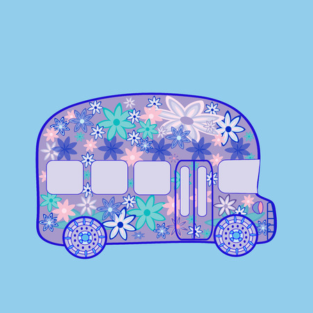 Bus retro vintage flowers hippie transport. Public city school bus travelのイラスト素材