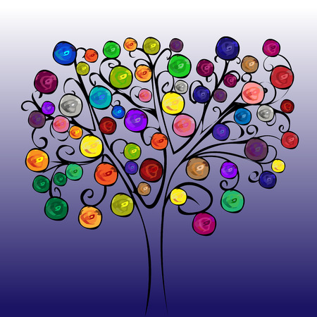 Fairytale tree with colourful fruits. Purple gradient vector background. Multicolored circles. Eveningのイラスト素材