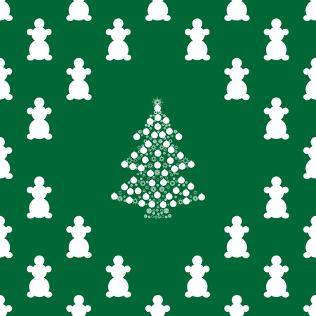 White snowmen and Christmas tree on green background. Holiday vector seamless patternのイラスト素材