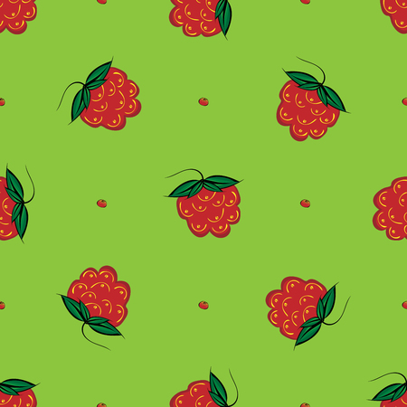 Red berry raspberry natural seamless pattern vector green backgroundのイラスト素材